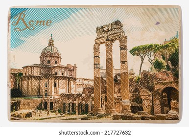 Ruins of the Roman Forum in Rome, Italy. Vintage travel postcard.