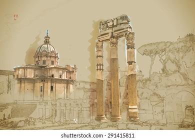 Ruins of the Roman Forum in Rome, Italy. Rome is the 3rd most visited city in the European Union. Travel background illustration. Painting with watercolor and pencil. Brushed artwork. Vector format.