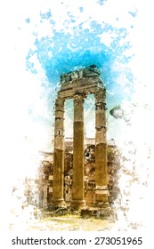 Ruins of the Roman Forum in Rome. Romantic painted postcard of Italy. Colorful travel background