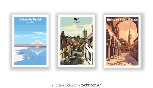 Ruinen des Gewürzbasars, Istanbul, Türkei. In: Rye, England. Salar de Uyuni, Bolivien - Set mit 3 Vintage-Reiseplakaten. Vektorgrafik. Qualitativ hochwertige Ausdrucke