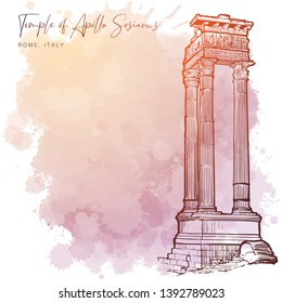 Ruins of the Temple of Apollo Sosianus in Rome, Italy. Monochrome linear drawing isolated on a textured grunge watercolor background. Vintage design. Blank template. EPS10 vector