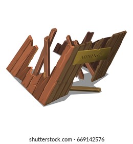 The ruins of the wooden entrance to the mine isolated on a white background. Cartoon vector close-up illustration.