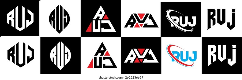 RUJ letter logo design in six style. RUJ polygon, circle, triangle, hexagon, flat and simple style with black and white color variation letter logo set in one artboard. RUJ minimalist and classic logo