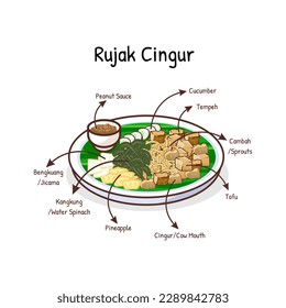 Rujak cingur mixture of fruits vegetables with spicy peanut sauce and slice of beef snouts