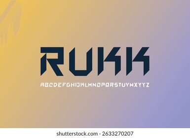 RUKK Font. Bold Geometric Display Typeface with Sharp Edges and Brutal Style. Strong Masculine Capital Letters for Logos, Sports, and Modern Branding. Vector Illustration.