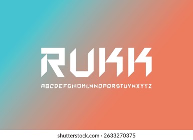 RUKK Font. Bold Geometric Display Typeface with Sharp Edges and Brutal Style. Strong Masculine Capital Letters for Logos, Sports, and Modern Branding. Vector Illustration.