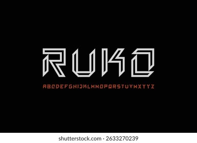 RUKO Font. Bold Geometric Display Typeface with Sharp Edges and Brutal Style. Strong Masculine Capital Letters for Logos, Sports, and Modern Branding. Vector Illustration.