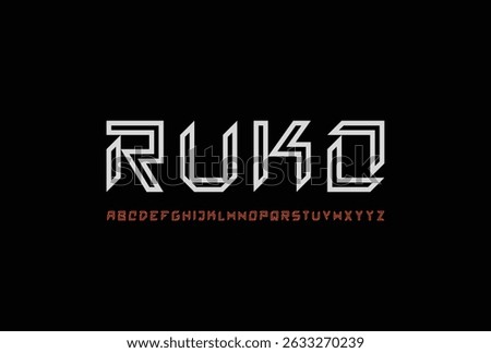 RUKO Font. Bold Geometric Display Typeface with Sharp Edges and Brutal Style. Strong Masculine Capital Letters for Logos, Sports, and Modern Branding. Vector Illustration.
