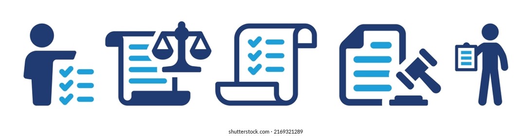 Conjunto de vectores de icono de regla. Ilustración de símbolos de cumplimiento, requisito y regulación.