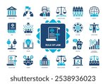 Rule of Law icon set. Institution, Court, Judge, Lawmakers, Equality, Norms, Economic, Legislators. Duotone color solid icons