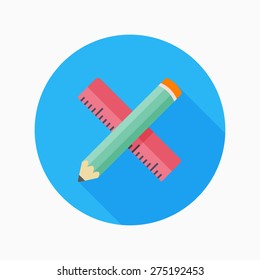 Rule and pencil flat icon with long shadow on blue circle background , educational concepts , vector illustration