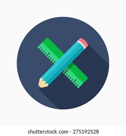Rule and pencil flat icon with long shadow on blue circle background , educational concepts , vector illustration 