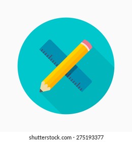 Rule and pencil flat icon with long shadow on blue circle background , educational concepts , vector illustration 