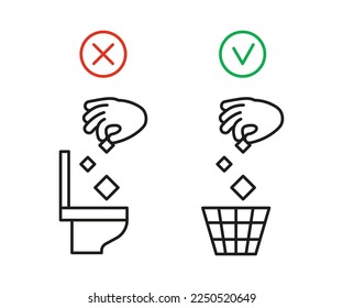 Rule take out rubbish in basket but not in toilet pan, prohibition warning sign. Do not throw garbage in toilet. Can throw rubbish into trash can. Problem of planet pollution, clean. Vector