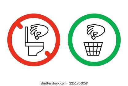 Rule take out rubbish in basket but not in toilet pan, prohibition warning sign. Do not throw garbage in toilet. Can throw rubbish into trash can. Problem of planet pollution, clean. Vector