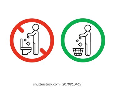 Rule take out trash in basket but not in toilet pan, prohibition warning sign. Do not throw garbage in toilet. Can throw rubbish into trash can. Problem of planet pollution, clean. Vector illustration - Shutterstock ID 2079913465