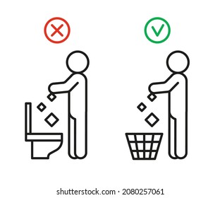 Rule take out trash in basket but not in toilet pan, prohibition warning sign. Do not throw garbage in toilet. Can throw rubbish into trash can. Problem of planet pollution, clean. Vector illustration - Shutterstock ID 2080257061