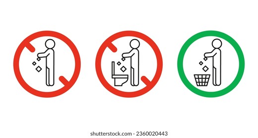 Rule take out trash in basket but not in toilet pan, prohibition warning sign. Do not throw garbage in toilet. Can throw rubbish into trash can. Problem of planet pollution, clean. Vector