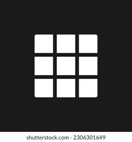 Rule of thirds grid dark mode glyph ui icon. Simple filled line element. User interface design. White silhouette symbol on black space. Solid pictogram for web, mobile. Vector isolated illustration