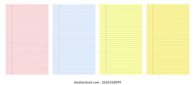 Papel de caderno governado em rosa, azul, amarelo. Planilhas em branco de design listrado.
