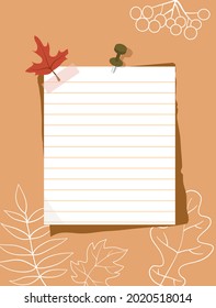 Una hoja de papel con un permiso pegado a la pared. Papel de nota, hoja de otoño roja, contornos blancos de hojas en el fondo. Ilustración vectorial, estilo plano.