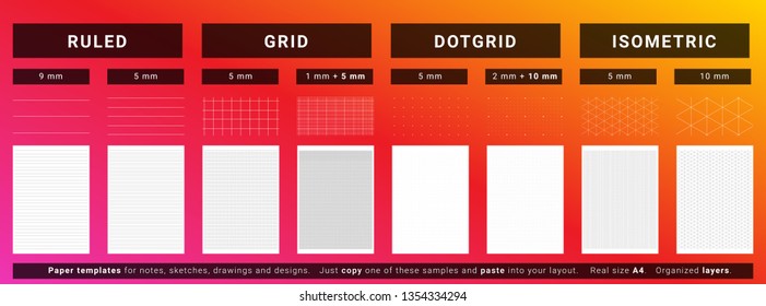 Ruled paper, square grid paper, dotgrid paper, and isometric hexagonal grid paper templates set for drawings, sketches, and designs. Canvases are ready for plotting