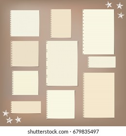 Ruled, Striped, Squared Note, Notebook, Copybook Paper Sheets And Stars On Brown Background.