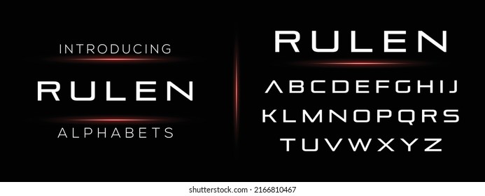 RULEN Tech Modern Alphabet Letter Font. Typography luxury style fonts for technology, digital, sports, gaming logo design. Vector Sans Serif typeface illustration.