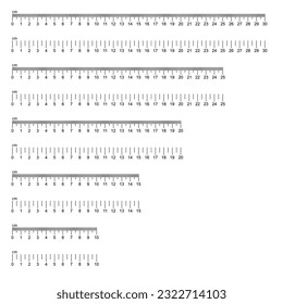 Regla 10, 15, 25, 30 cm. Herramienta de medición sobre un fondo blanco. Línea de graduación. Reglas de cuadrícula cm. Indicadores de tamaño de las unidades de indicador de tamaño de centimetro indicadores de la ilustración vectorial Eps10.