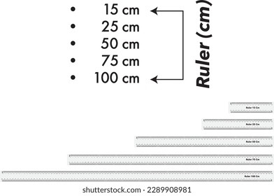 Ruler 100 cm, 75cm, 50cm , 25cm , 15cm Set of ruler Measuring tool. Ruler scale. Grid cmSize indicator units. Metric Centimeter size indicators