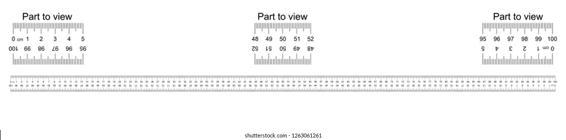 Ruler 100 cm with countdown, doble sided scale, part to view. Vice versa backwards, mounting, engineering, designer tailor ruler Measuring tool. Ruler grid 100 cm Size indicator Centimeter size Vector