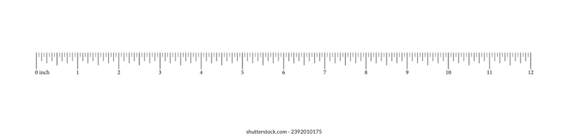 Ruler 12 inches, foot. Math, geometric tool for distance. Height, length measurement scale with markup and numbers. Measuring horizontal chart. Vector template.