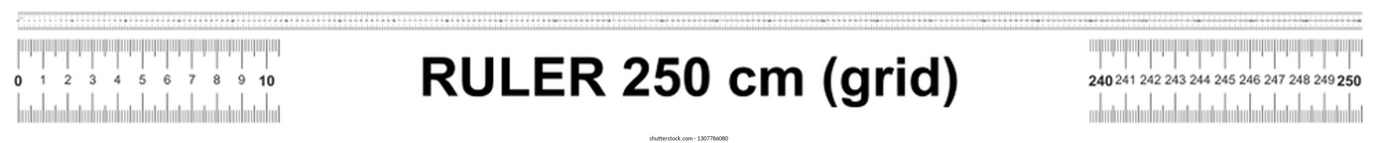Ruler 250 centimeter. Calibration grid. Double sided measurement tool in cm.