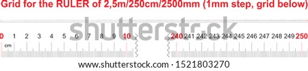 Ruler of 2500 millimeters. Ruler of 250 centimeters. Ruler of 2.5 meters. Calibration grid. 1 mm step, grid below.