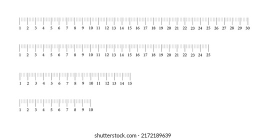 Ruler 30, 25,15,10 cm. Measurement tool in centimeters, millimeters, inches. Marking indicator. Insulated set, flat protectors for calibration, measurements. Exact length. Vector illustration.