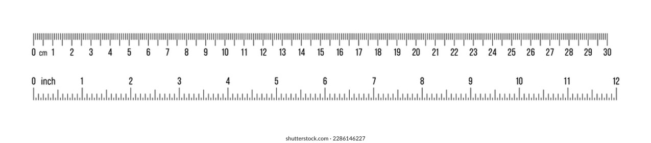 Ruler 30 cm, 12 inch. Set of ruler 30 cm 12 inch. Measuring tool. Ruler scale. Grid cm, inch. Size indicator units. Metric Centimeter, inch size indicators. Vector 10 eps.