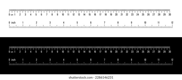 Regla 30 cm, 12 pulgadas. Conjunto de regla 30 cm 12 pulgadas. Herramienta de medición. Escala de reglas. Cuadrícula cm, pulgada. Unidades indicadoras de tamaño. Centímetro métrico, indicadores de tamaño de pulgada. Blanco y negro.