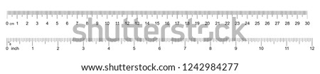 Ruler 30 cm, 12 inch. Set of ruler 30 cm 12 inch. Measuring tool. Ruler scale. Grid cm, inch. Size indicator units. Metric Centimeter, inch size indicators. Vector