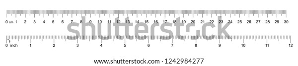 Ruler 30 cm, 12 inch. Set of\
ruler 30 cm 12 inch. Measuring tool. Ruler scale. Grid cm, inch.\
Size indicator units. Metric Centimeter, inch size indicators.\
Vector