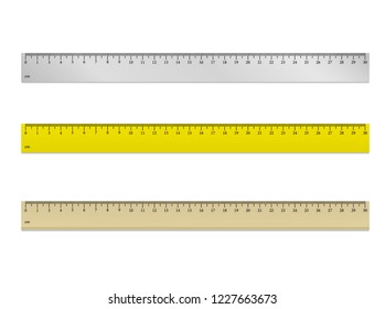 Ruler 30 cm vector. Metal, wood and yellow ruler for measurements