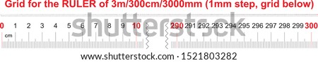Ruler of 3000 millimeters. Ruler of 300 centimeters. Ruler of 3 meters. Calibration grid. 1 mm step, grid below.