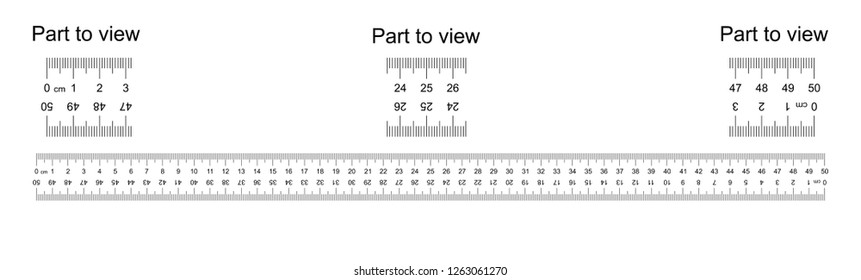 Ruler 50 cm with countdown, doble sided scale, part to view. Vice versa backwards, mounting, engineering, designer, tailor ruler Measuring tool. Ruler grid 50 cm. Size indicator Centimeter size Vector