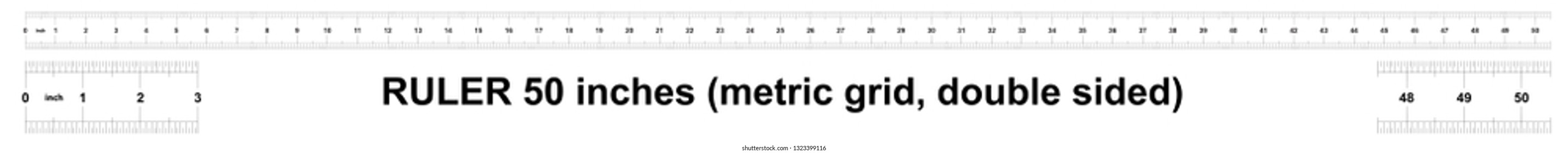 Ruler 50 inches Metric. The division price is 0.05 inch. Ruler double sided. Precise measuring tool. Calibration grid