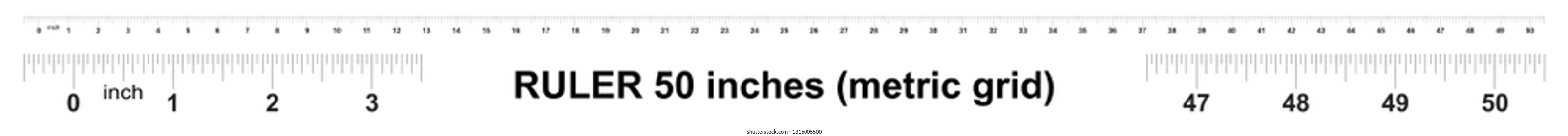 Ruler 50 inches. Metric inch size indicator. Decimal system grid. Measuring tool.
