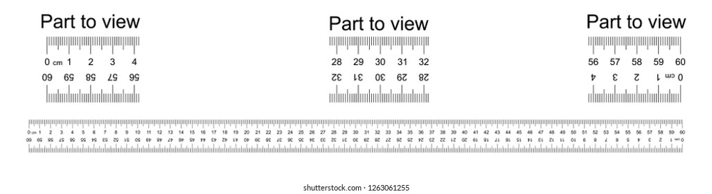 Ruler 60 cm with countdown, doble sided scale, part to view. Vice versa backwards, mounting, engineering, designer, tailor ruler Measuring tool. Ruler grid 60 cm. Size indicator Centimeter size Vector