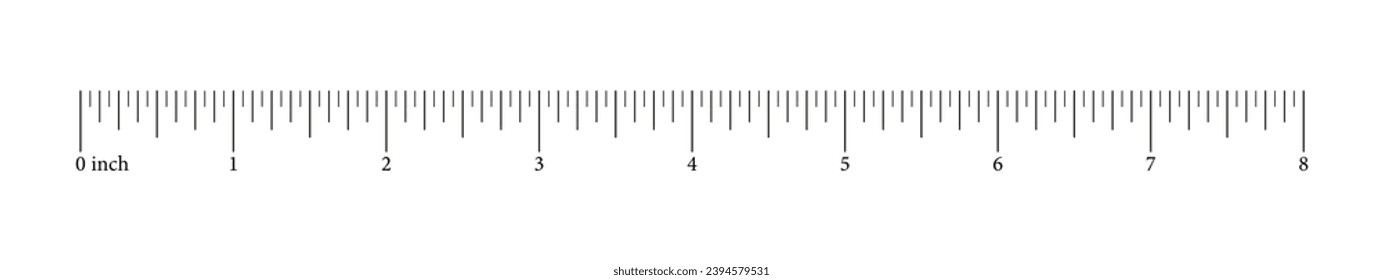 Ruler 8-Zoll-Skala. Horizontales Messdiagramm mit Markup und Zahlen. Längenmessmathematik. Entfernung, Höhe, Nähen, Arbeitswerkzeug. Vektorgrafik-Vorlage.