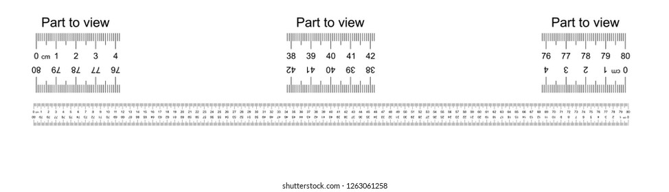 Ruler 80 cm with countdown, doble sided scale, part to view. Vice versa backwards, mounting, engineering, designer, tailor ruler Measuring tool. Ruler grid 80 cm. Size indicator Centimeter size Vector