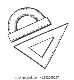 Ruler And Angle Protractor School Tools Ink Vector. Plastic Triangle Ruler Geometry Lesson Equipment. Engraving Concept Mockup Hand Drawn In Vintage Style Black And White Illustration