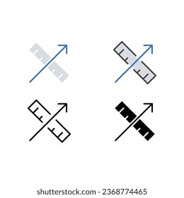 Ruler and up arrow for measuring height or width, analysis. Architecture concept. Objective measuring. Professional growth. Measurement icon. Vector illustration. Design on white background. EPS10