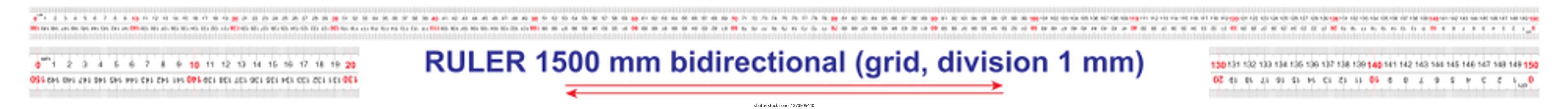 Ruler bidirectional double sided 1500 millimeter, 150 centimeter, 1,5 meter. The division price is 1 mm. Precise measuring tool. Calibration grid